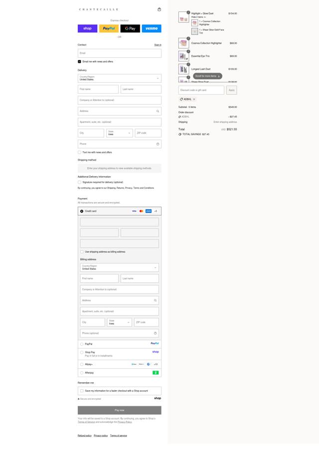Chantecaille checkout page showing Chantecaille promo code box | Screenshot taken by SimplyCodes community member on Sep 13, 2025