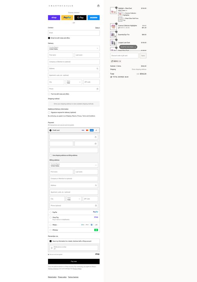 Chantecaille checkout page showing Chantecaille promo code box | Screenshot taken by SimplyCodes community member on Sep 13, 2025