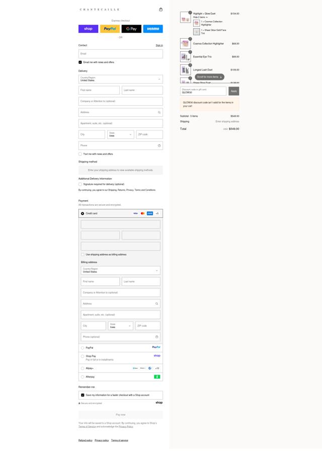 Chantecaille checkout page showing Chantecaille promo code box | Screenshot taken by SimplyCodes community member on Sep 13, 2025