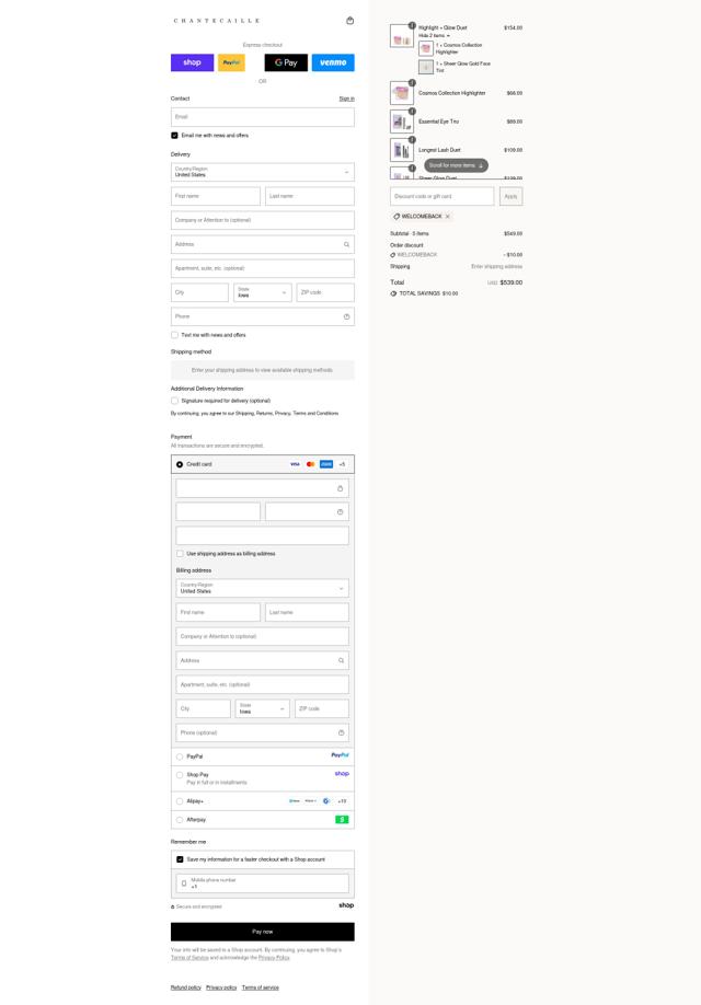 Chantecaille checkout page showing Chantecaille promo code box | Screenshot taken by SimplyCodes community member on Sep 13, 2025