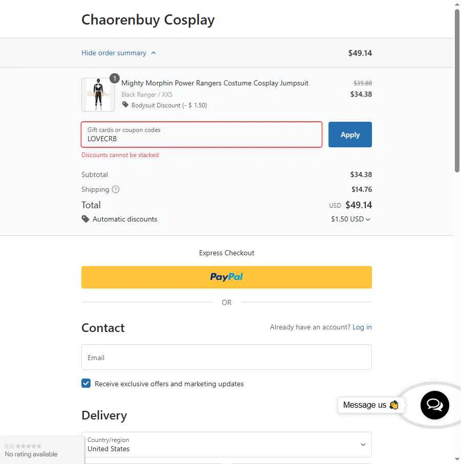 Chaorenbuy checkout page showing Chaorenbuy promo code box | Screenshot taken by SimplyCodes community member on May 9, 2025