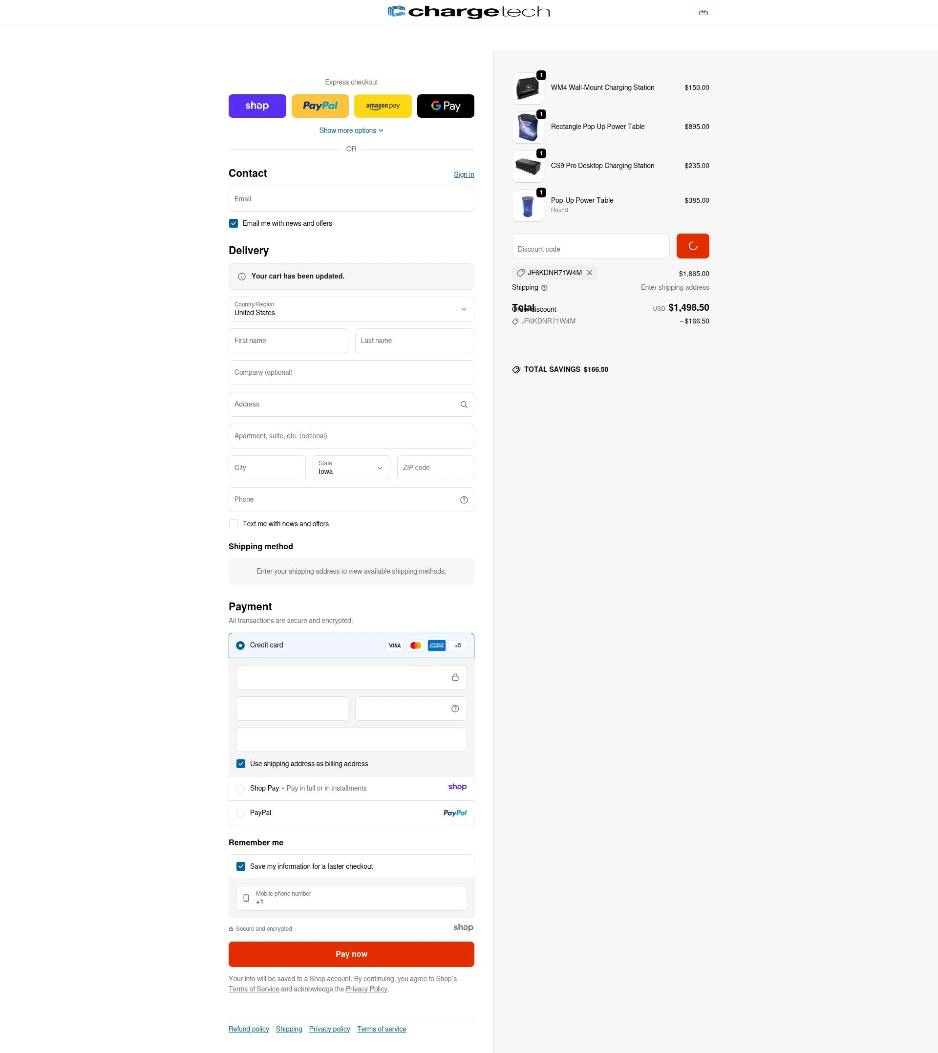 ChargeTech checkout page showing ChargeTech promo code box | Screenshot taken by SimplyCodes community member on Jan 2, 2026