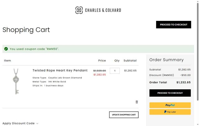 Charles & Colvard checkout page showing Charles & Colvard discount code box | Screenshot taken by SimplyCodes community member on Sep 1, 2025