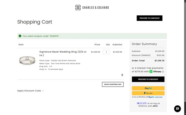 Charles & Colvard checkout page showing Charles & Colvard discount code box | Screenshot taken by SimplyCodes community member on Sep 1, 2025