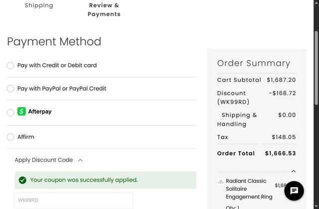 Charles & Colvard checkout page showing Charles & Colvard discount code box | Screenshot taken by SimplyCodes community member on Sep 1, 2025