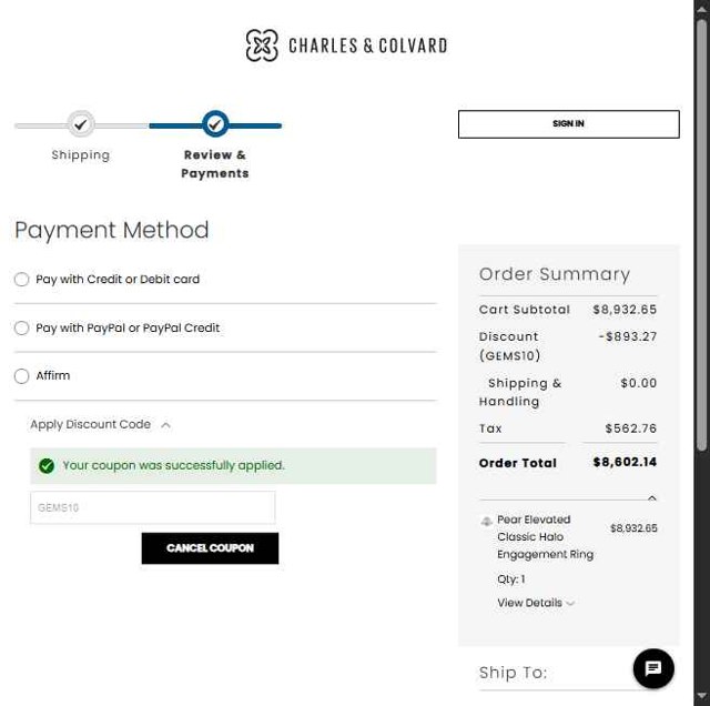 Charles & Colvard checkout page showing Charles & Colvard discount code box | Screenshot taken by SimplyCodes community member on Jul 17, 2025