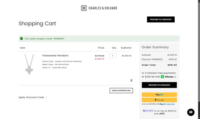 Charles & Colvard checkout page showing Charles & Colvard discount code box | Screenshot taken by SimplyCodes community member on Sep 1, 2025