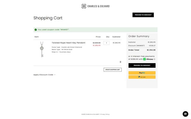 Charles & Colvard checkout page showing Charles & Colvard discount code box | Screenshot taken by SimplyCodes community member on May 20, 2025