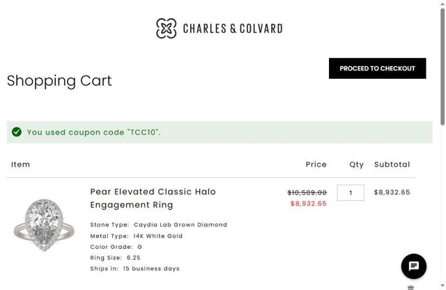 Charles & Colvard checkout page showing Charles & Colvard discount code box | Screenshot taken by SimplyCodes community member on May 20, 2025