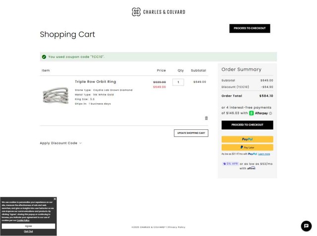 Charles & Colvard checkout page showing Charles & Colvard discount code box | Screenshot taken by SimplyCodes community member on Sep 1, 2025