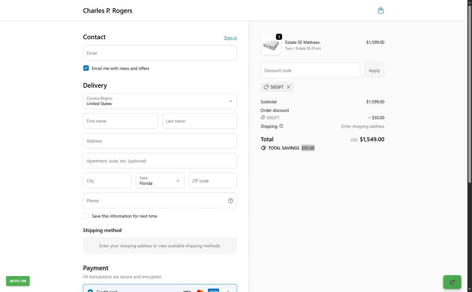 Charles P. Rogers checkout page showing Charles P. Rogers coupon code box | Screenshot taken by SimplyCodes community member on Oct 18, 2025