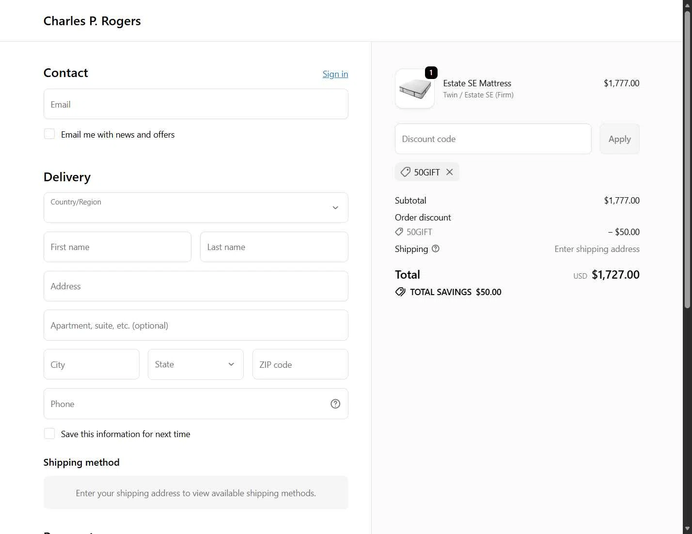 Charles P. Rogers checkout page showing Charles P. Rogers coupon code box | Screenshot taken by SimplyCodes community member on Nov 16, 2025