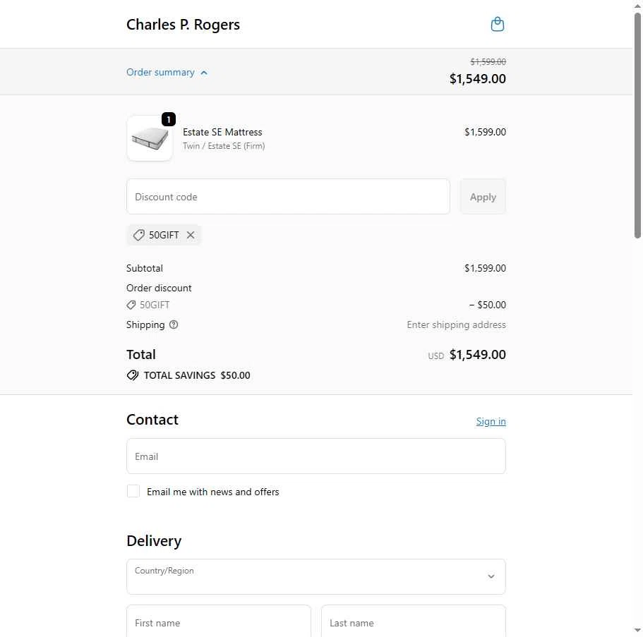 Charles P. Rogers checkout page showing Charles P. Rogers coupon code box | Screenshot taken by SimplyCodes community member on Dec 15, 2025
