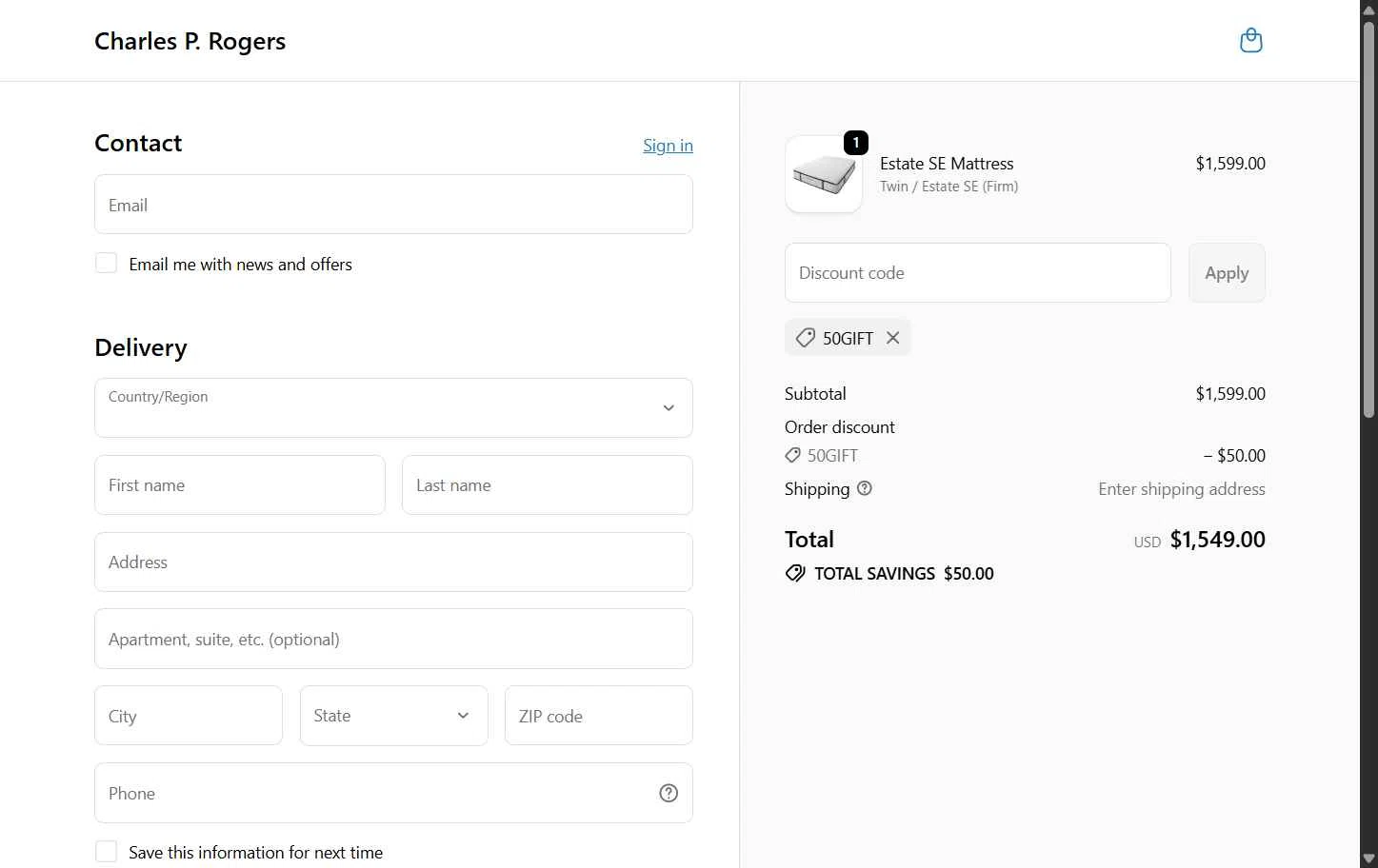 Charles P. Rogers checkout page showing Charles P. Rogers coupon code box | Screenshot taken by SimplyCodes community member on Dec 15, 2025