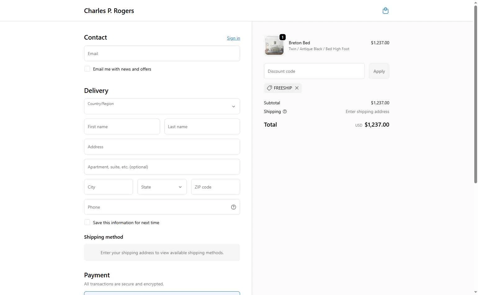 Charles P. Rogers checkout page showing Charles P. Rogers coupon code box | Screenshot taken by SimplyCodes community member on Nov 16, 2025