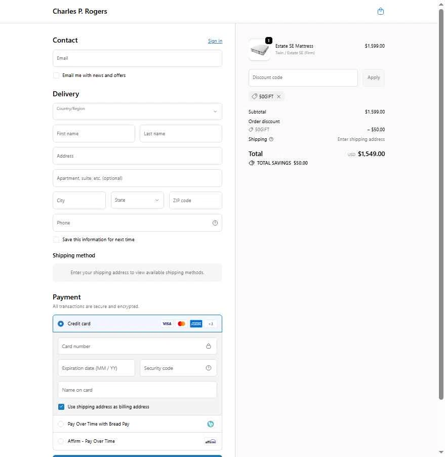 Charles P. Rogers checkout page showing Charles P. Rogers coupon code box | Screenshot taken by SimplyCodes community member on Oct 18, 2025