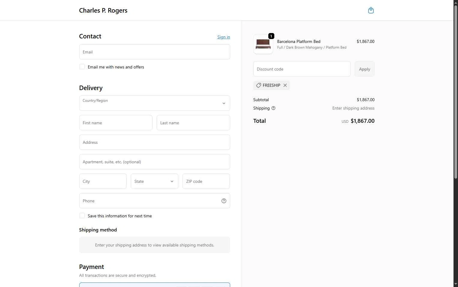 Charles P. Rogers checkout page showing Charles P. Rogers coupon code box | Screenshot taken by SimplyCodes community member on Dec 15, 2025
