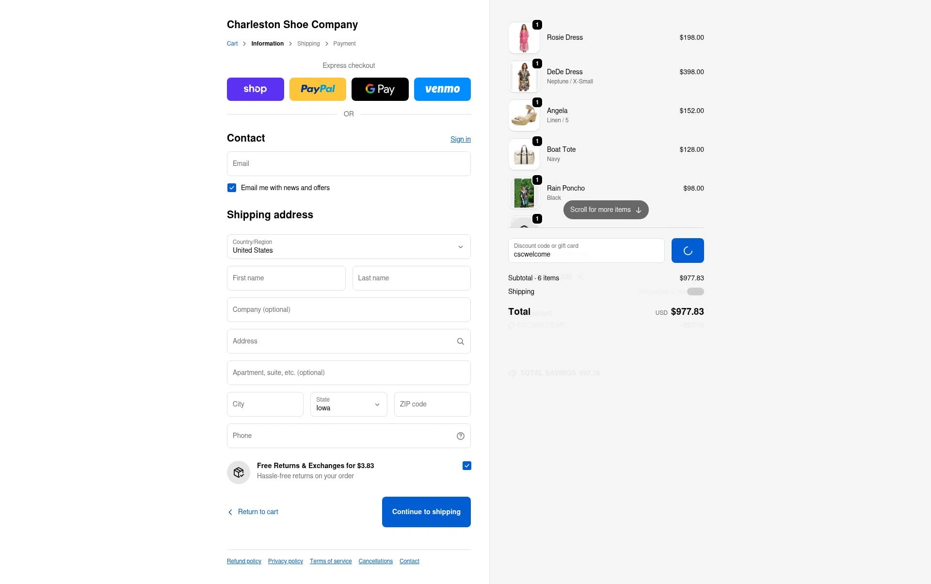 Charleston Shoe checkout page showing Charleston Shoe discount code box | Screenshot taken by SimplyCodes community member on Feb 17, 2026