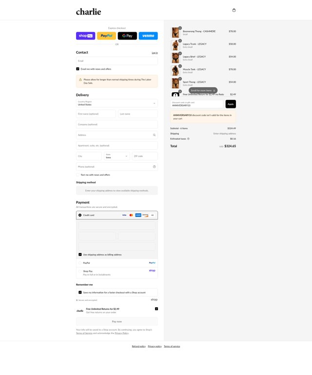 Charlie by Matthew Zink checkout page showing Charlie by Matthew Zink discount code box | Screenshot taken by SimplyCodes community member on Aug 27, 2025