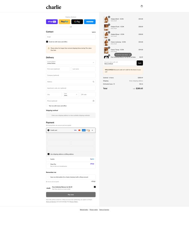 Charlie by Matthew Zink checkout page showing Charlie by Matthew Zink discount code box | Screenshot taken by SimplyCodes community member on Aug 23, 2025