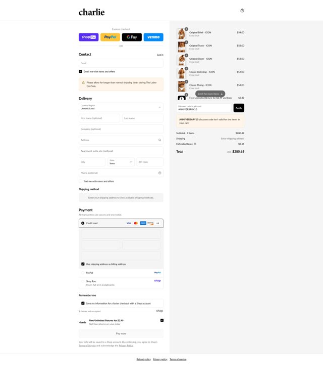 Charlie by Matthew Zink checkout page showing Charlie by Matthew Zink discount code box | Screenshot taken by SimplyCodes community member on Aug 23, 2025