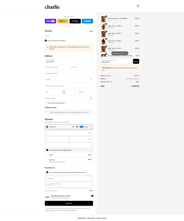 Charlie by Matthew Zink checkout page showing Charlie by Matthew Zink discount code box | Screenshot taken by SimplyCodes community member on Aug 27, 2025