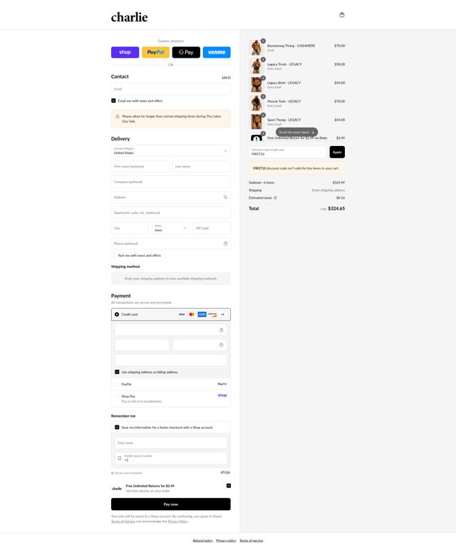 Charlie by Matthew Zink checkout page showing Charlie by Matthew Zink discount code box | Screenshot taken by SimplyCodes community member on Sep 4, 2025
