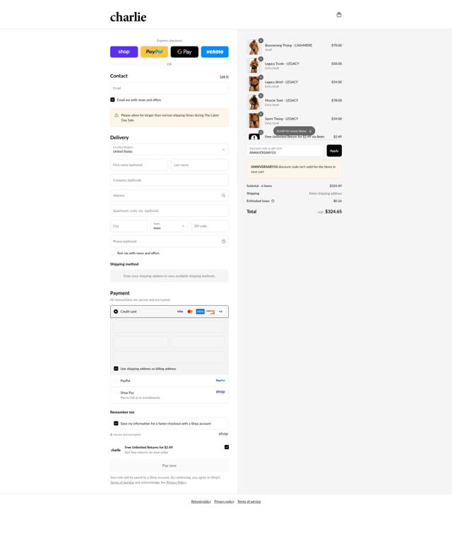 Charlie by Matthew Zink checkout page showing Charlie by Matthew Zink discount code box | Screenshot taken by SimplyCodes community member on Sep 4, 2025