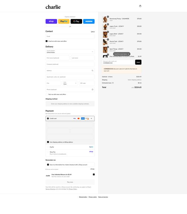 Charlie by Matthew Zink checkout page showing Charlie by Matthew Zink discount code box | Screenshot taken by SimplyCodes community member on Sep 8, 2025