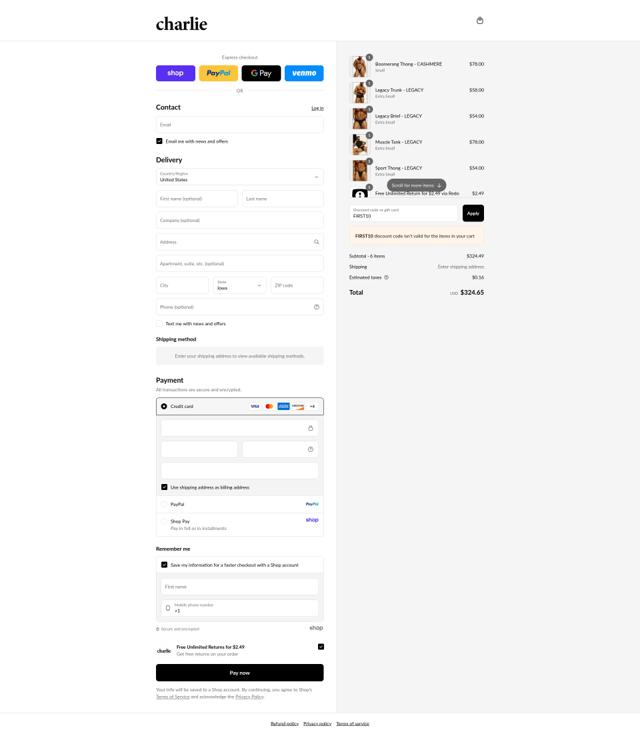 Charlie by Matthew Zink checkout page showing Charlie by Matthew Zink discount code box | Screenshot taken by SimplyCodes community member on Sep 8, 2025