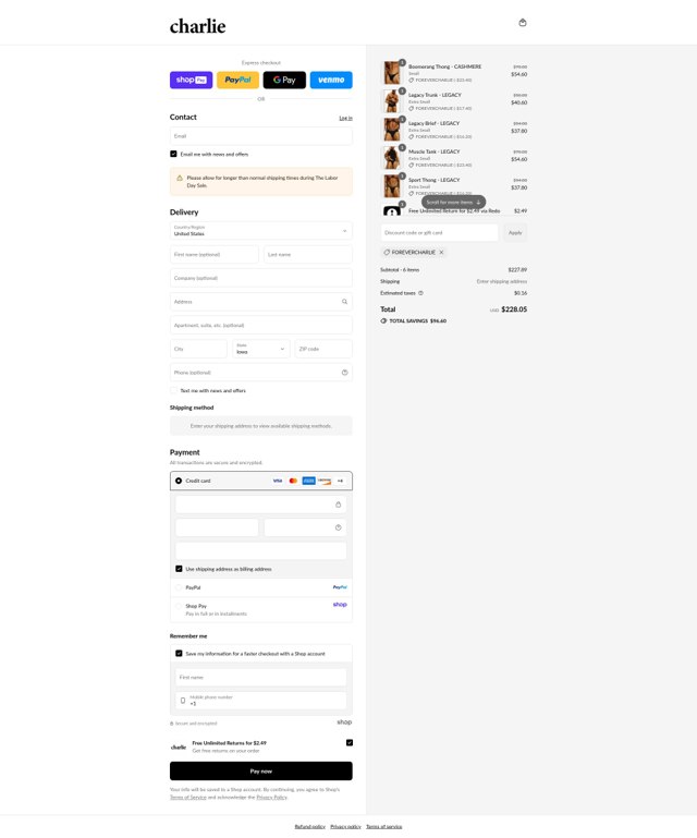 Charlie by Matthew Zink checkout page showing Charlie by Matthew Zink discount code box | Screenshot taken by SimplyCodes community member on Aug 27, 2025