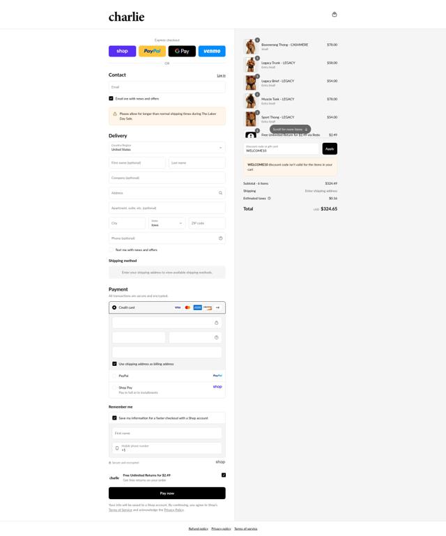 Charlie by Matthew Zink checkout page showing Charlie by Matthew Zink discount code box | Screenshot taken by SimplyCodes community member on Sep 4, 2025