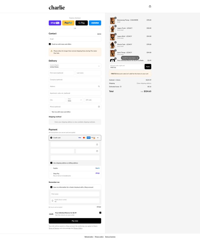 Charlie by Matthew Zink checkout page showing Charlie by Matthew Zink discount code box | Screenshot taken by SimplyCodes community member on Aug 27, 2025