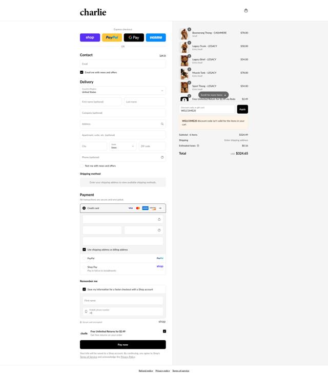 Charlie by Matthew Zink checkout page showing Charlie by Matthew Zink discount code box | Screenshot taken by SimplyCodes community member on Sep 8, 2025