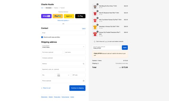 Charlie Hustle checkout page showing Charlie Hustle discount code box | Screenshot taken by SimplyCodes community member on Aug 27, 2025