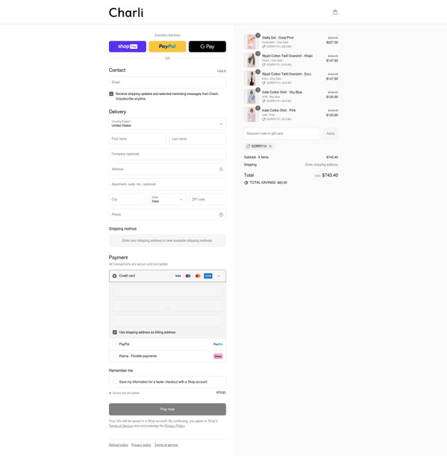Charli UK checkout page showing Charli UK promo code box | Screenshot taken by SimplyCodes community member on Aug 12, 2025
