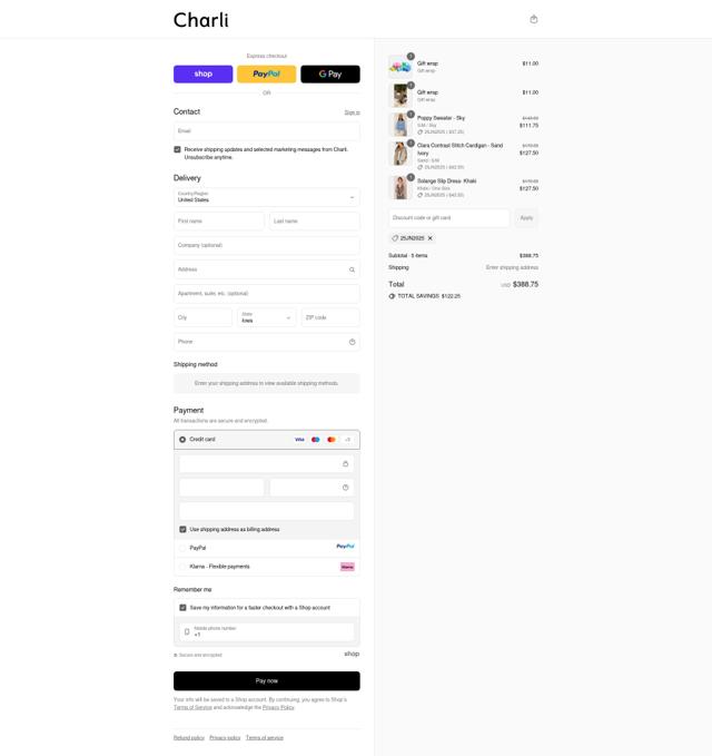 Charli UK checkout page showing Charli UK promo code box | Screenshot taken by SimplyCodes community member on Sep 11, 2025