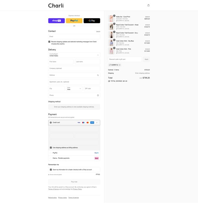 Charli UK checkout page showing Charli UK promo code box | Screenshot taken by SimplyCodes community member on Aug 22, 2025