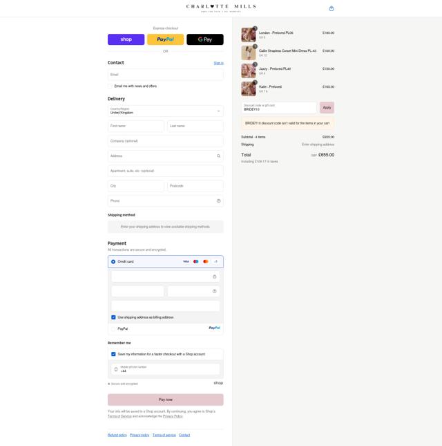 Charlotte Mills checkout page showing Charlotte Mills discount code box | Screenshot taken by SimplyCodes community member on Sep 12, 2025