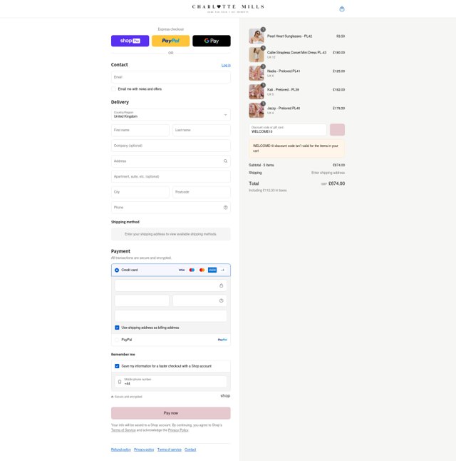 Charlotte Mills checkout page showing Charlotte Mills discount code box | Screenshot taken by SimplyCodes community member on Aug 23, 2025