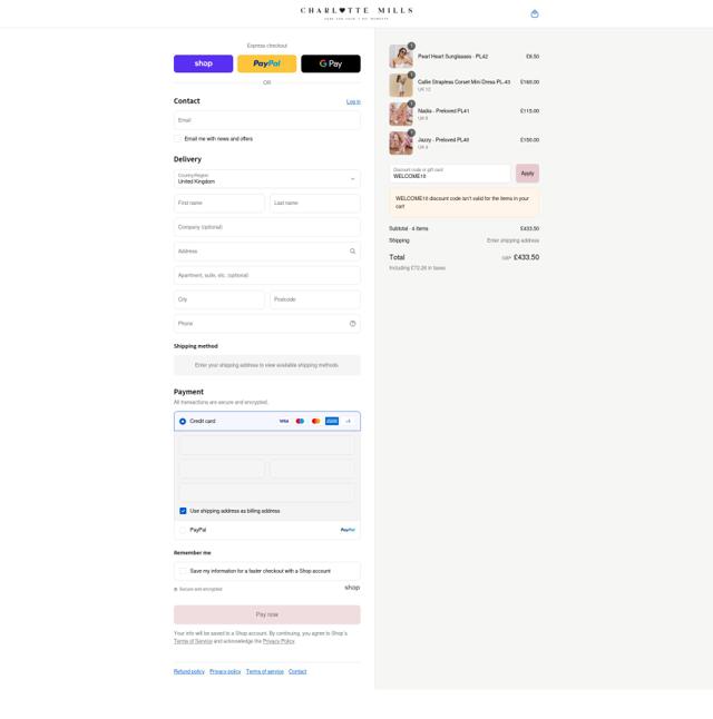 Charlotte Mills checkout page showing Charlotte Mills discount code box | Screenshot taken by SimplyCodes community member on Sep 4, 2025