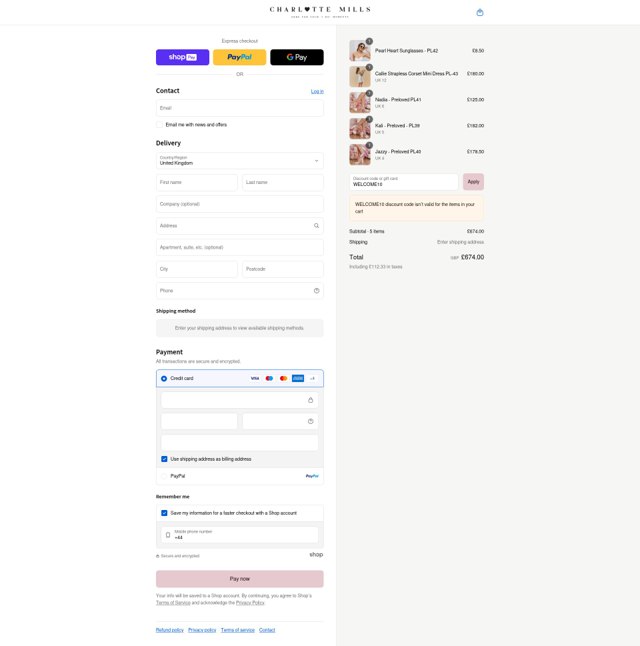 Charlotte Mills checkout page showing Charlotte Mills discount code box | Screenshot taken by SimplyCodes community member on Aug 27, 2025
