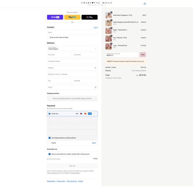 Charlotte Mills checkout page showing Charlotte Mills discount code box | Screenshot taken by SimplyCodes community member on Aug 17, 2025
