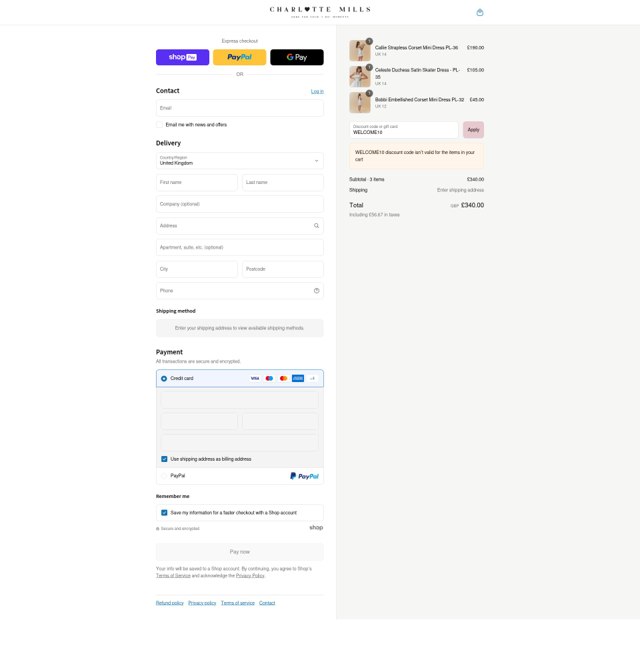 Charlotte Mills checkout page showing Charlotte Mills discount code box | Screenshot taken by SimplyCodes community member on Aug 5, 2025
