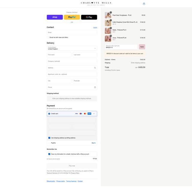 Charlotte Mills checkout page showing Charlotte Mills discount code box | Screenshot taken by SimplyCodes community member on Sep 4, 2025