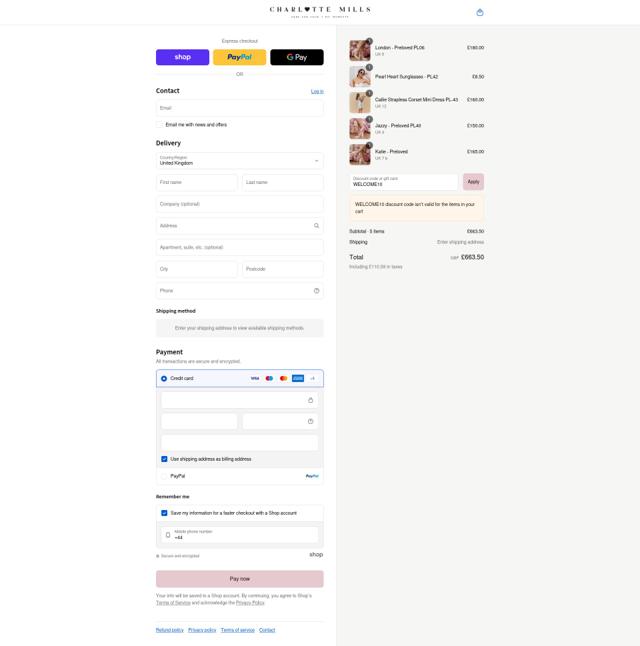 Charlotte Mills checkout page showing Charlotte Mills discount code box | Screenshot taken by SimplyCodes community member on Sep 9, 2025