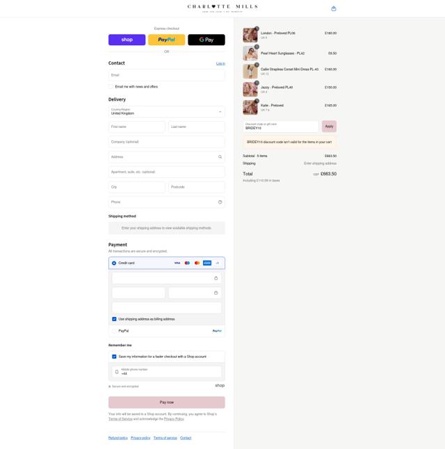 Charlotte Mills checkout page showing Charlotte Mills discount code box | Screenshot taken by SimplyCodes community member on Sep 9, 2025