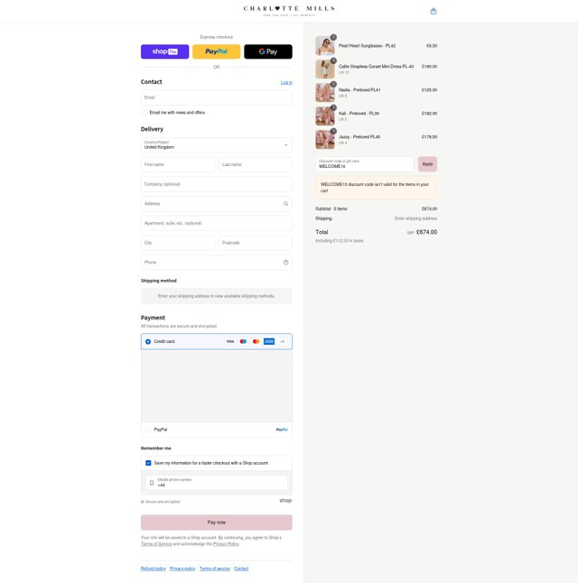 Charlotte Mills checkout page showing Charlotte Mills discount code box | Screenshot taken by SimplyCodes community member on Aug 17, 2025