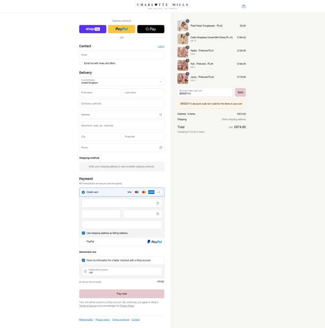 Charlotte Mills checkout page showing Charlotte Mills discount code box | Screenshot taken by SimplyCodes community member on Aug 9, 2025