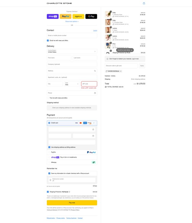 Charlotte Stone checkout page showing Charlotte Stone discount code box | Screenshot taken by SimplyCodes community member on Aug 8, 2025